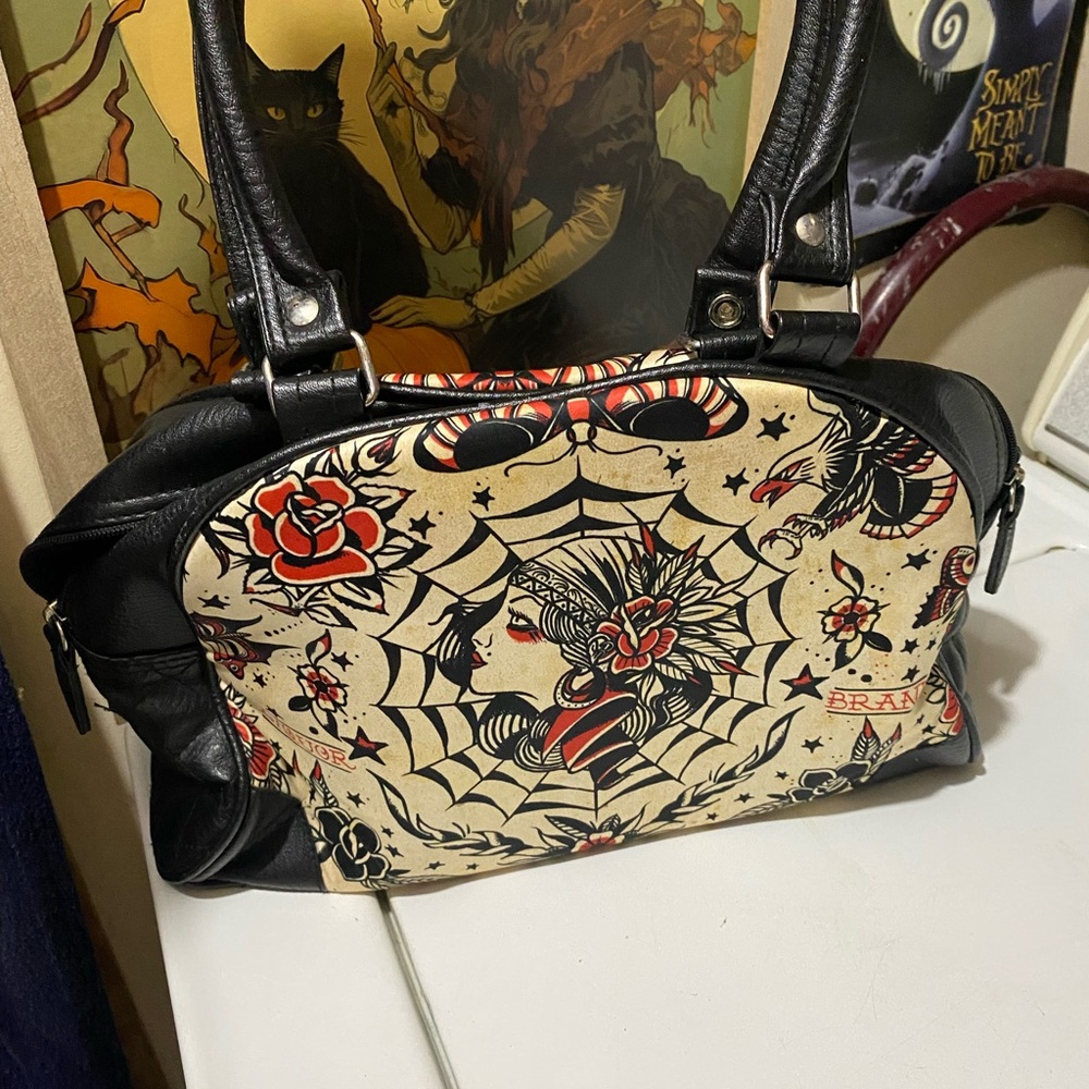 Tattoo Art Shoulder Bag in Black and Cream